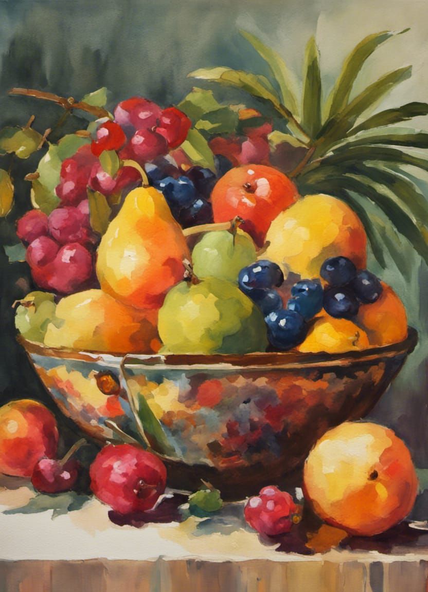 Tropical Fruit Still Life in Gouache Style