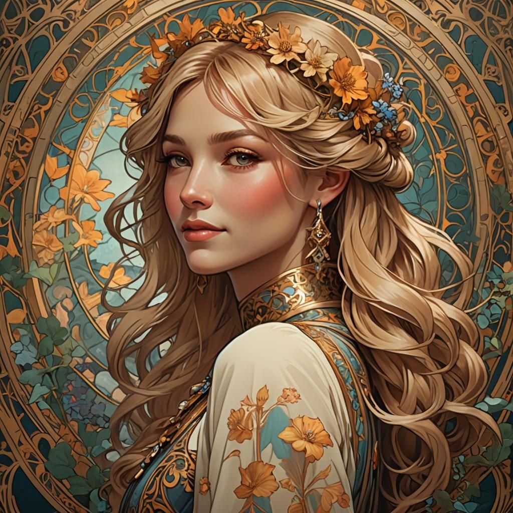 Flaxen Hair Girl Portrait in Art Nouveau Style