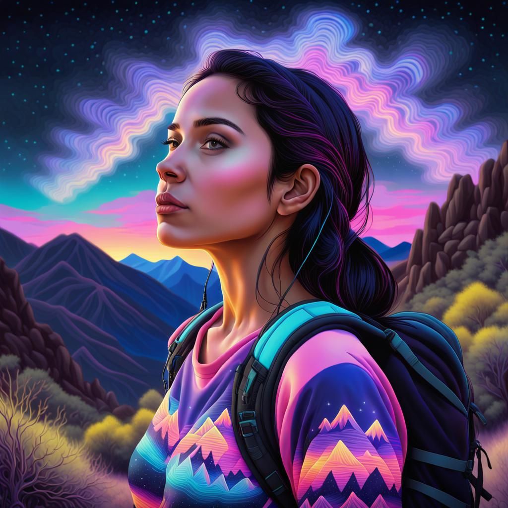 Black Light Art of Woman Hiking at Night