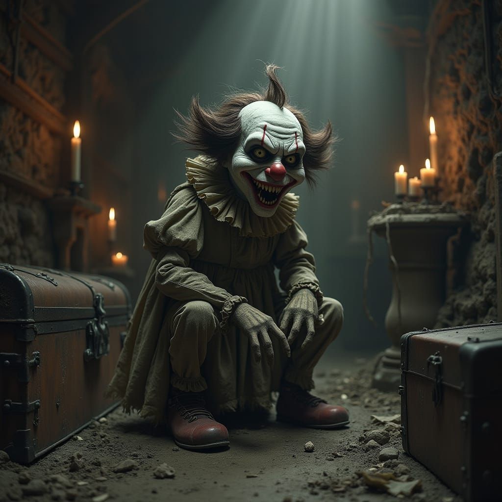 Haunted Clown Puppet in Eerie Dark Fantasy Style