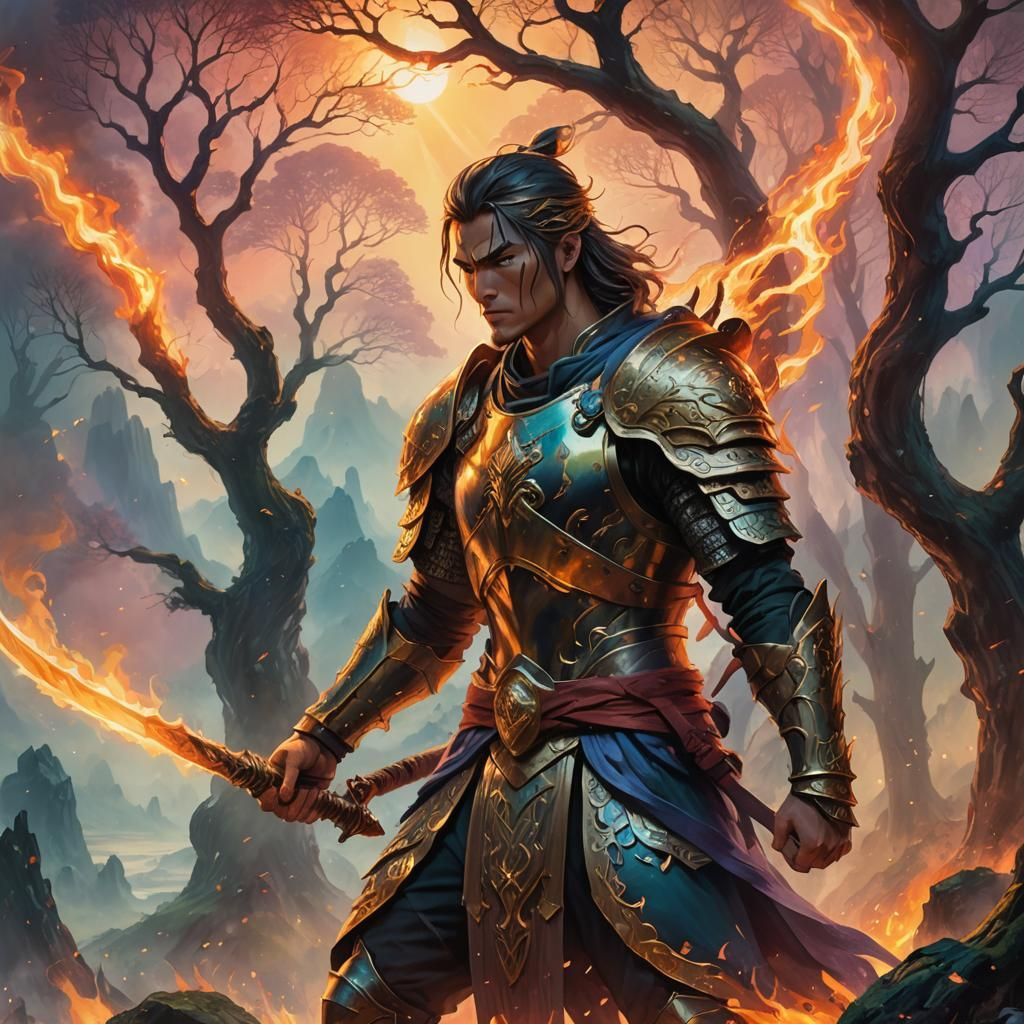 Mystical Warrior with Fire Sword in Anime Oil Painting