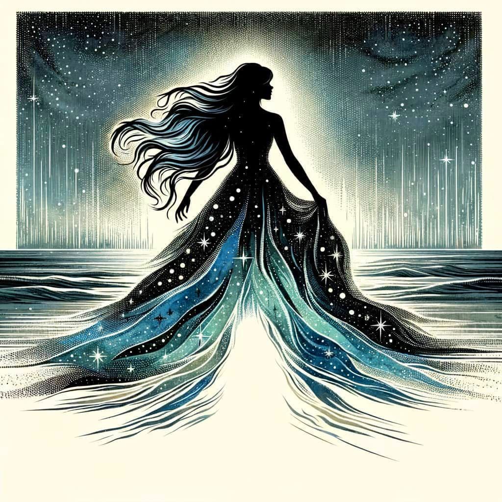 Ethereal Silhouette: Footprints Through Starry Landscape