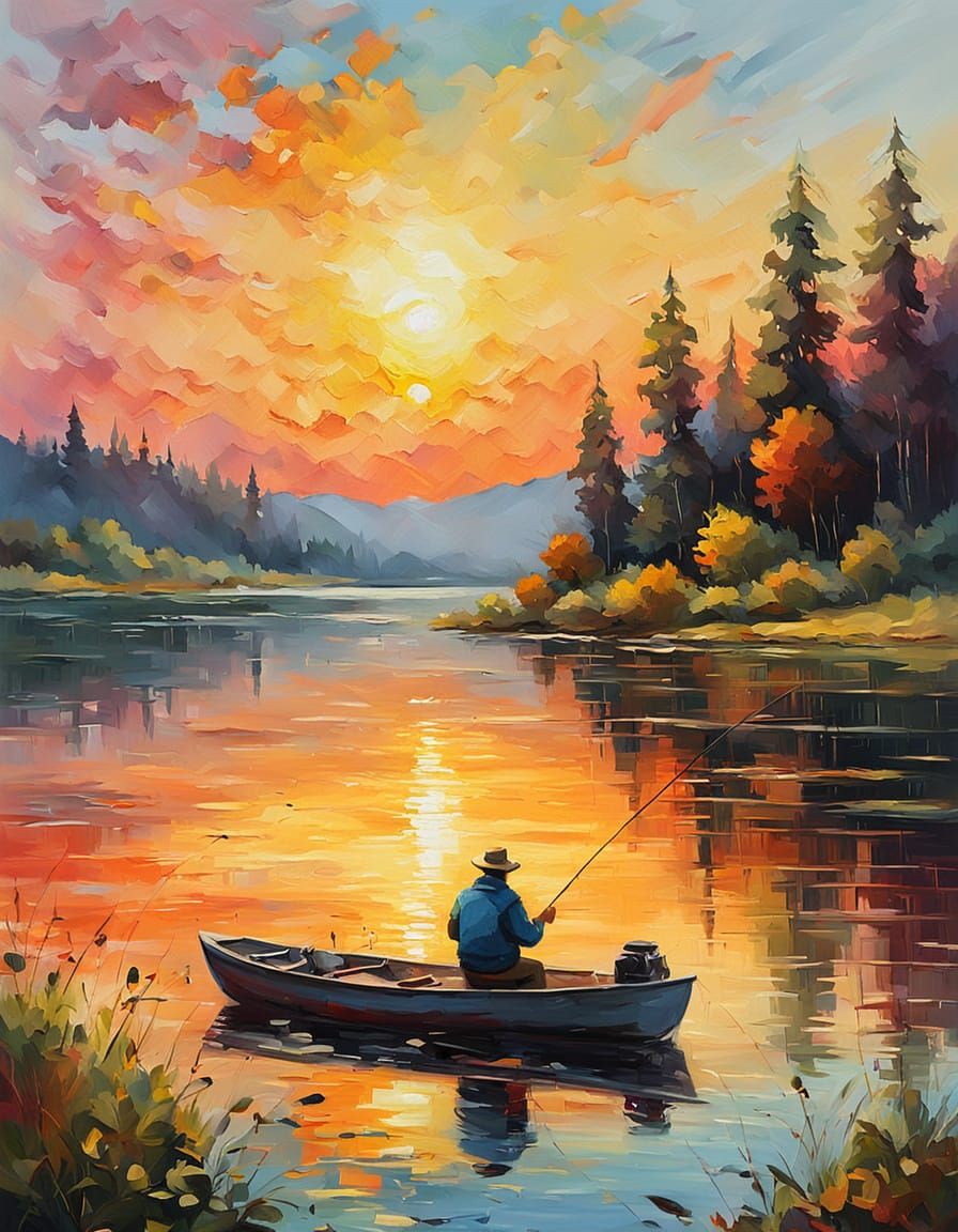 Impressionist Lake Fishing at Sunset in Oils