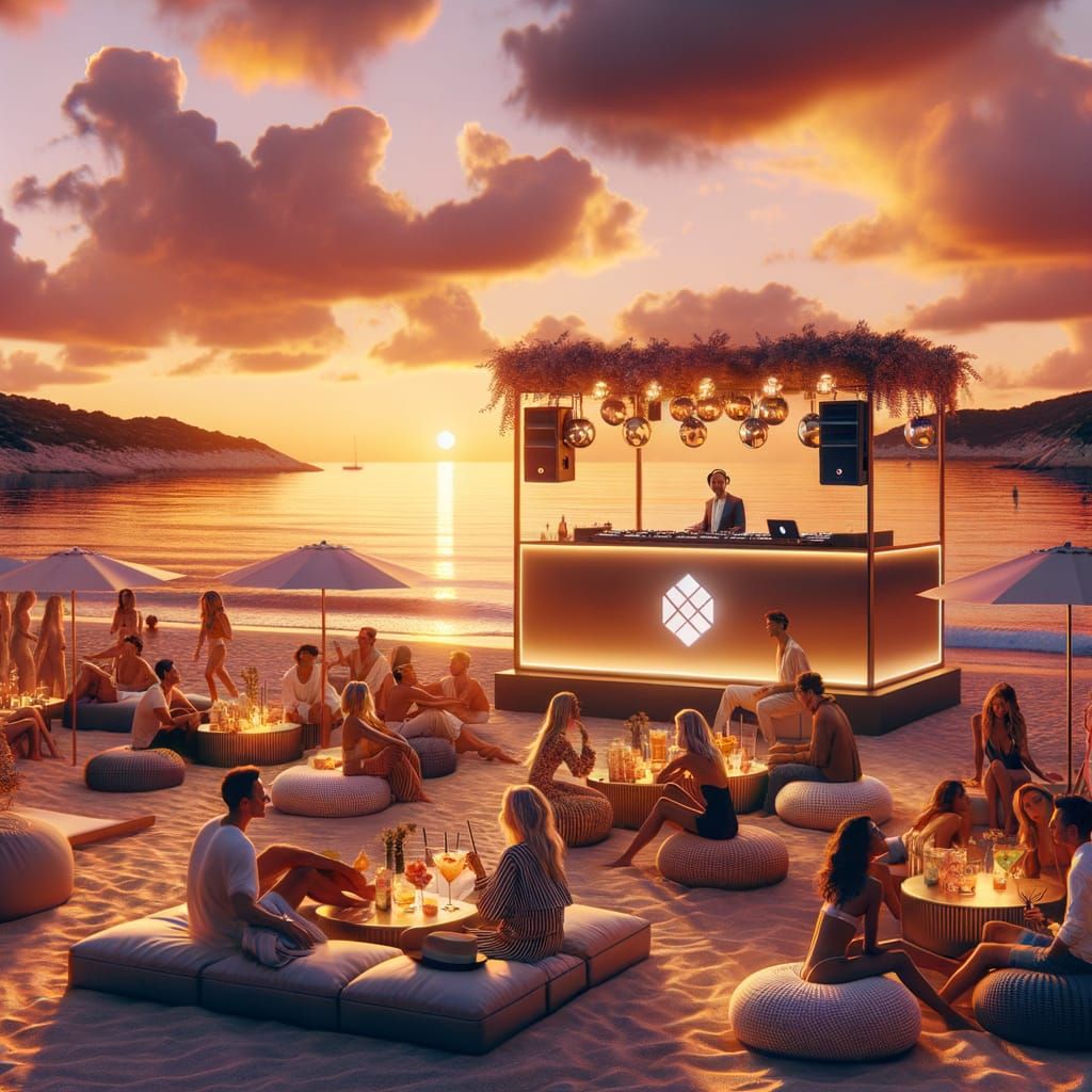 Chic Sunset Beach Scene with DJ Booth and N²M Sea Sound Bran...