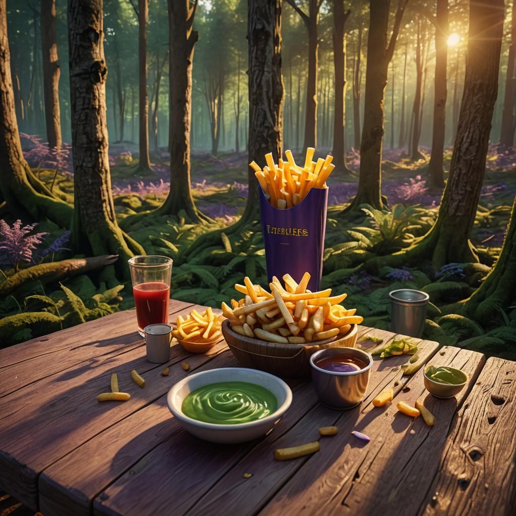 Perfect French Fries in Magical Forest, Matte Painting