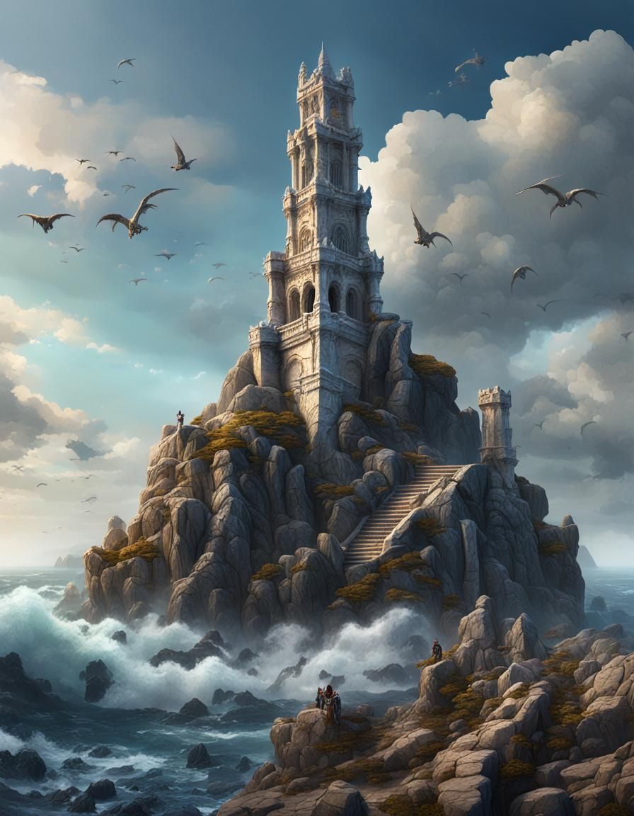 Marble Tower with Gargoyles on Rocky Shore