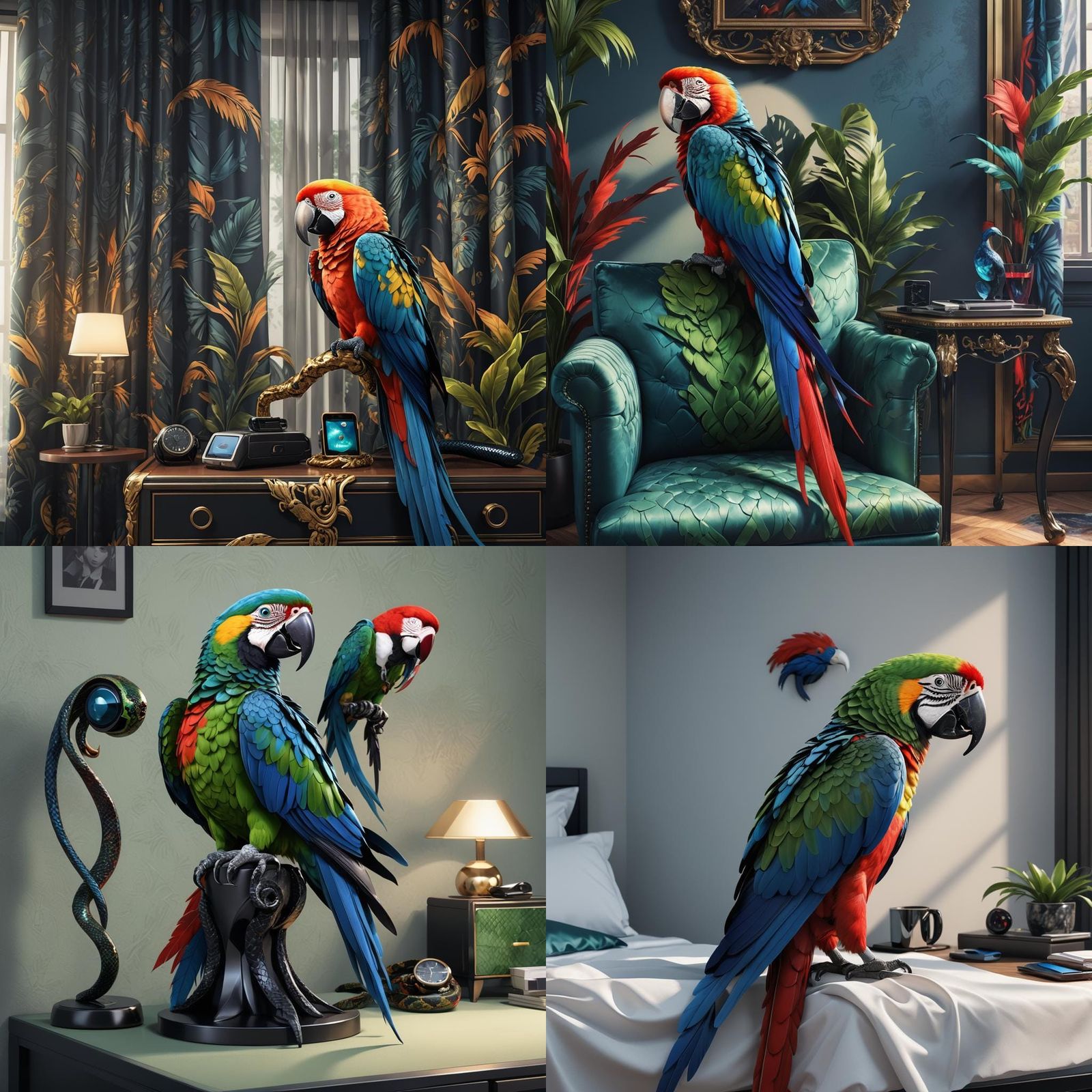 Macaw's Fear: Snake Intrusion in Anime Style