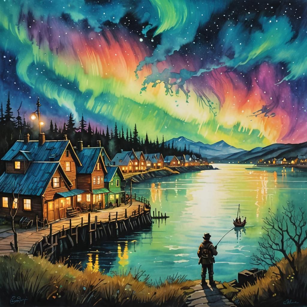 Steampunk Fishermen Watch Aurora: Gouache Watercolor
