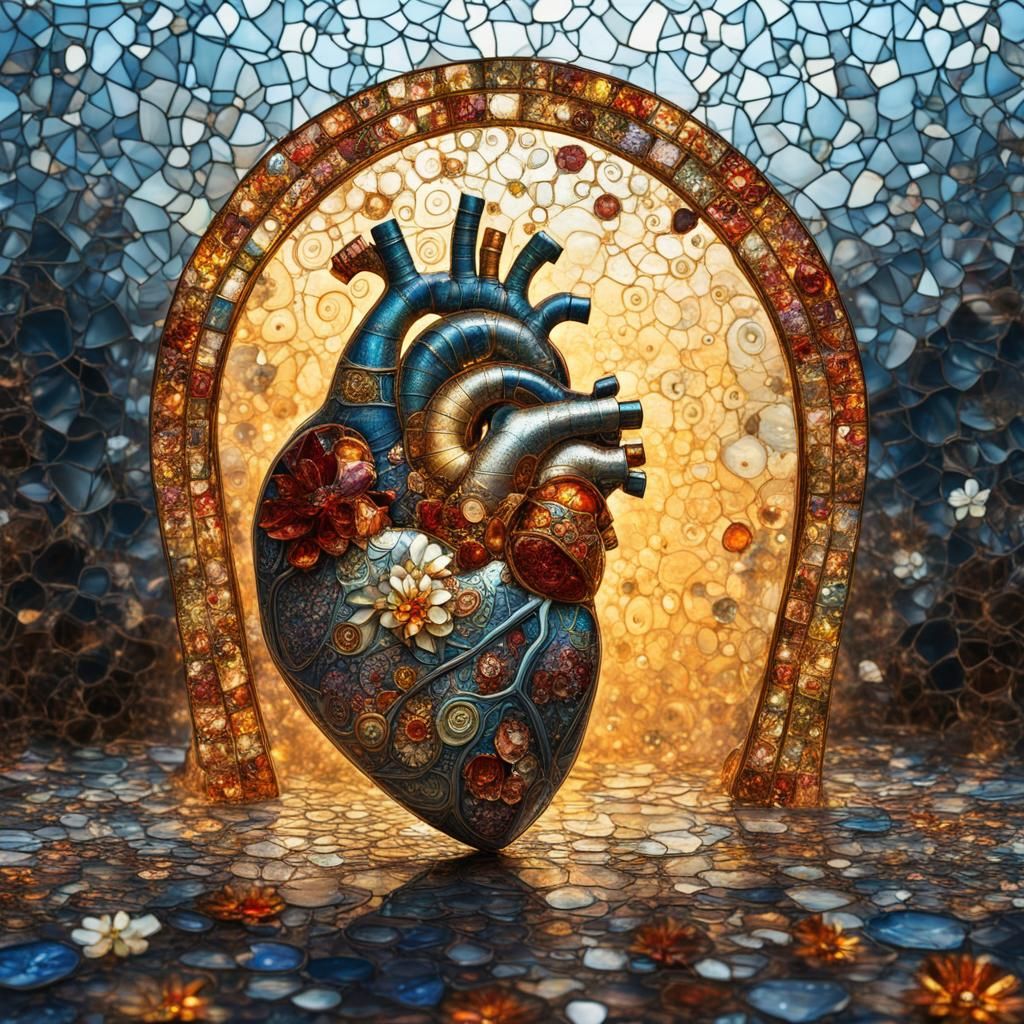 Fragile Steampunk Heart in Psychedelic Stained Glass