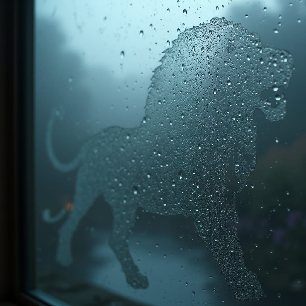 Whimsical Lion Formed by Raindrops on a Misty Windowpane