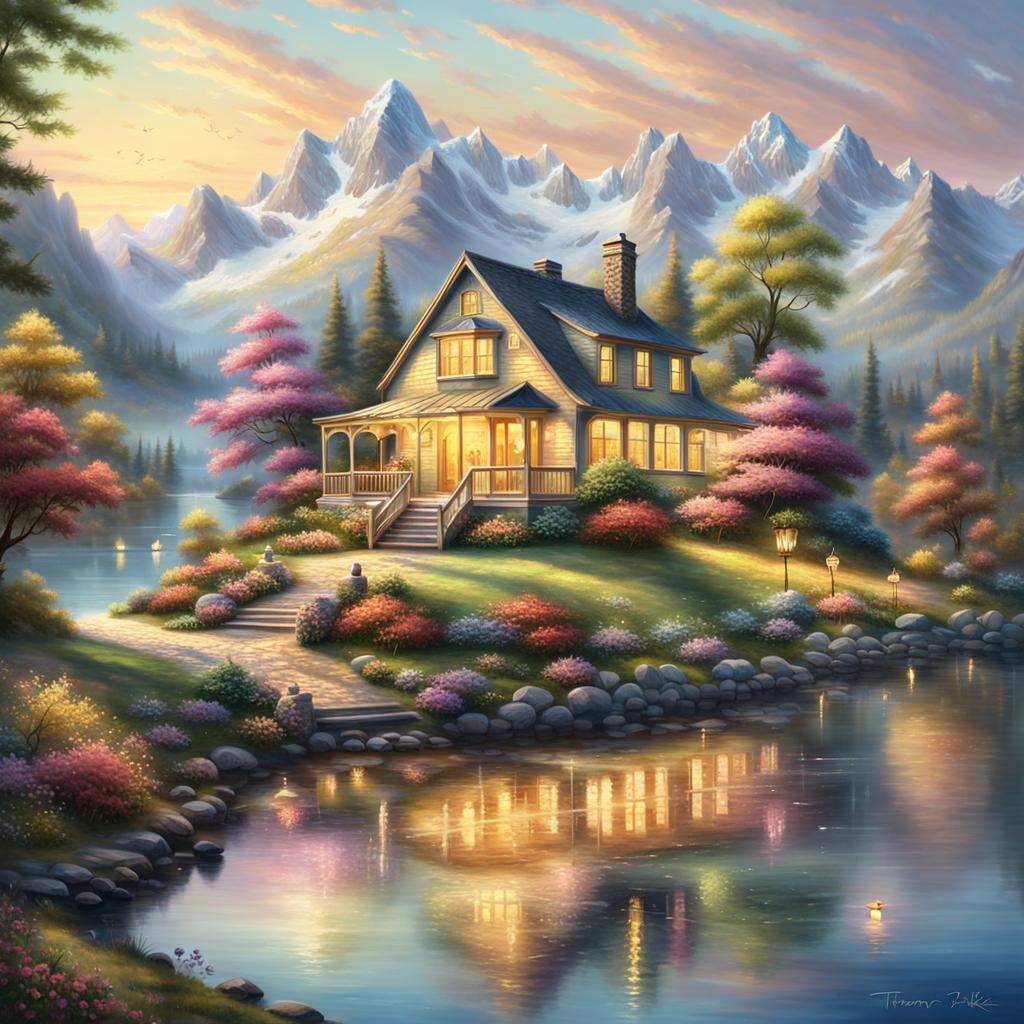 Kinkade-Inspired Lakeside Mountain House in Golden Light