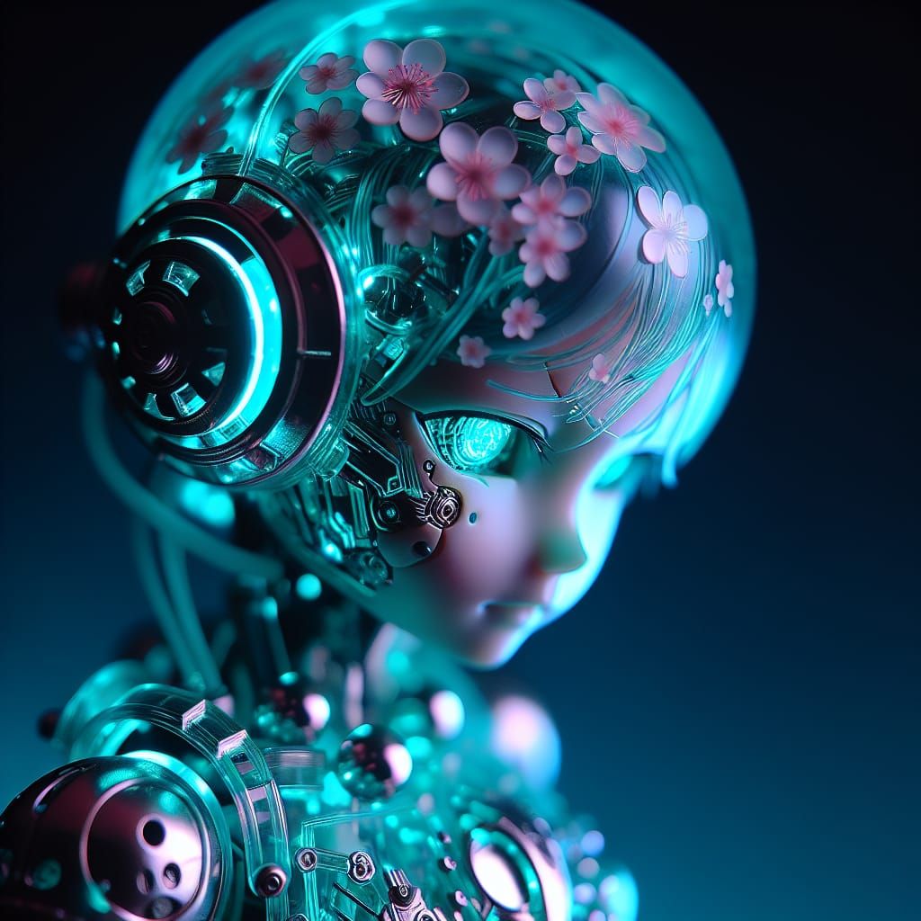 Cyan Robot with Sakura Patterns in Cyberpunk Style