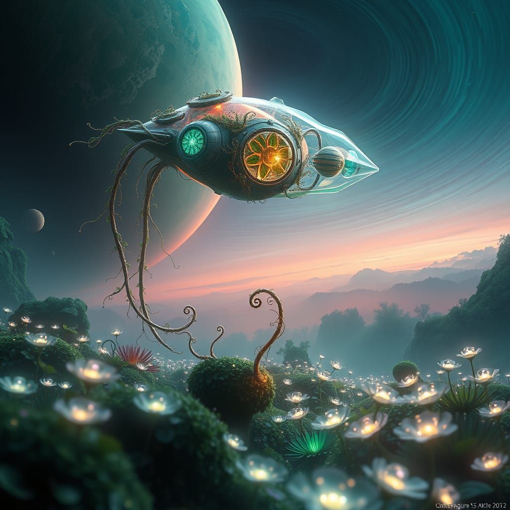 Ethereal Spaceship in Dreamlike Orbit, amidst Verdant Planet...