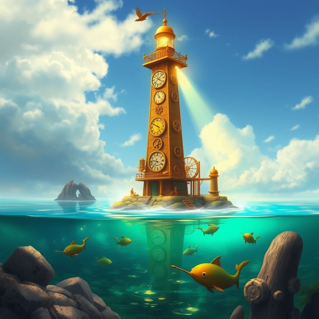 Steampunk Lighthouse Illuminates Tranquil Lagoon