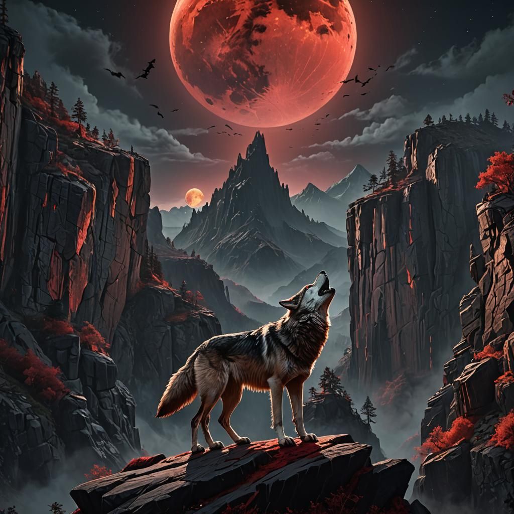 Wolf Howling at Bloody Moon, Detailed Matte Painting