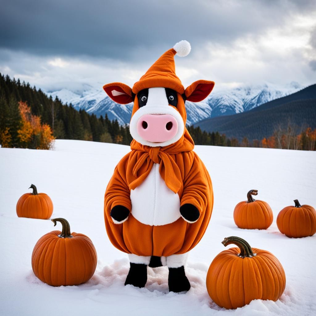 Cow in Pumpkin Costume in Winter Snow