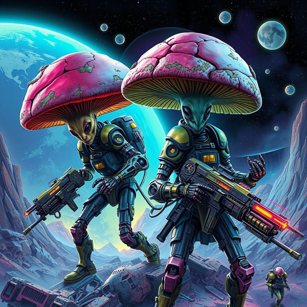 Cyborg Mushroom Aliens Wreak Havoc in Neon Galaxy