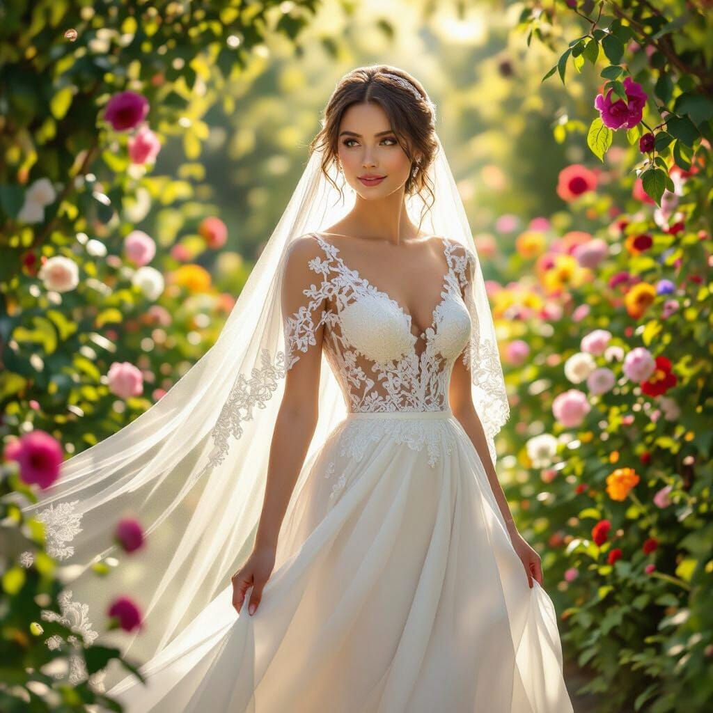 Elegant Bride in Sunlit Garden, Art Nouveau Style