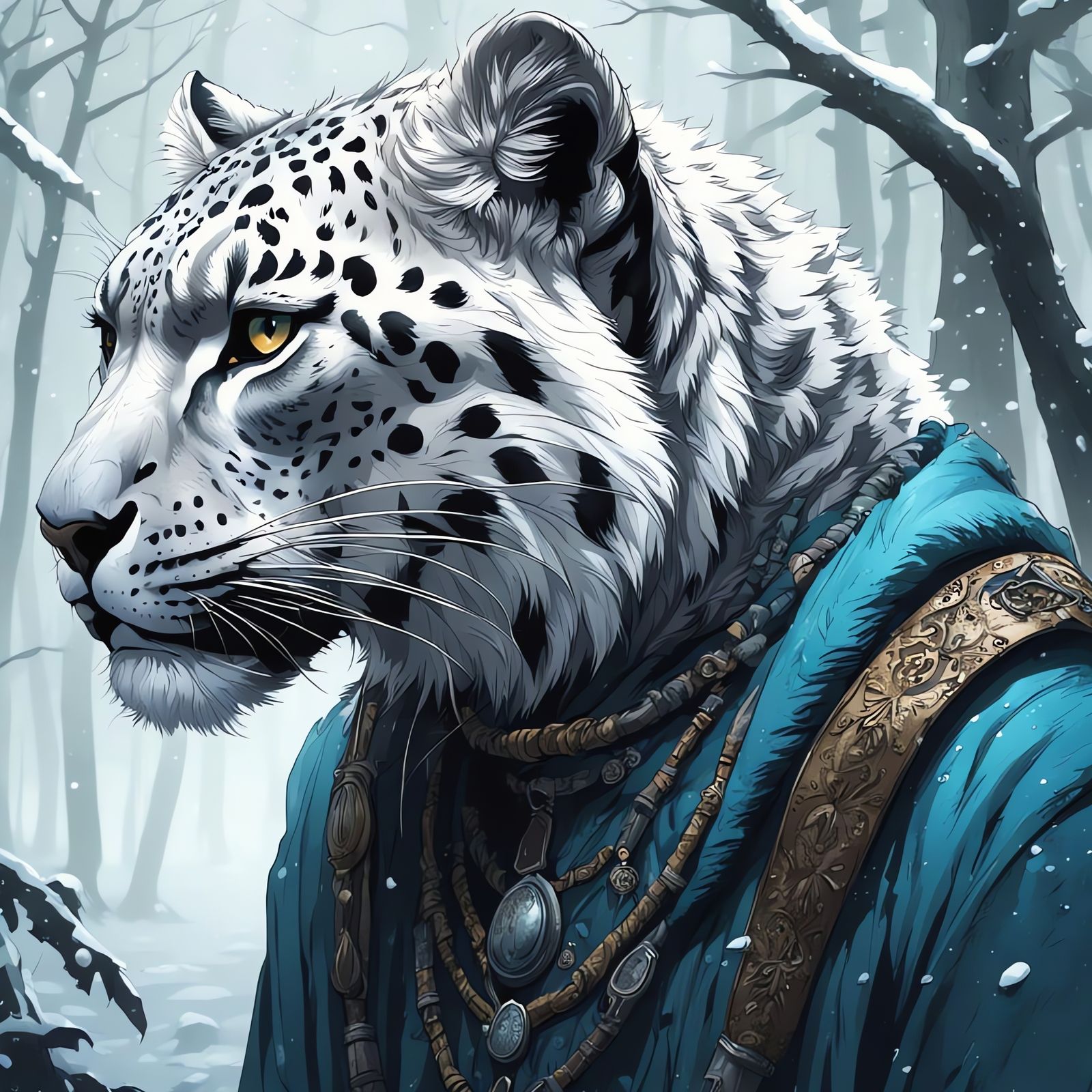 Cyberpunk Fantasy Snow Leopard Hunter in Medieval Attire
