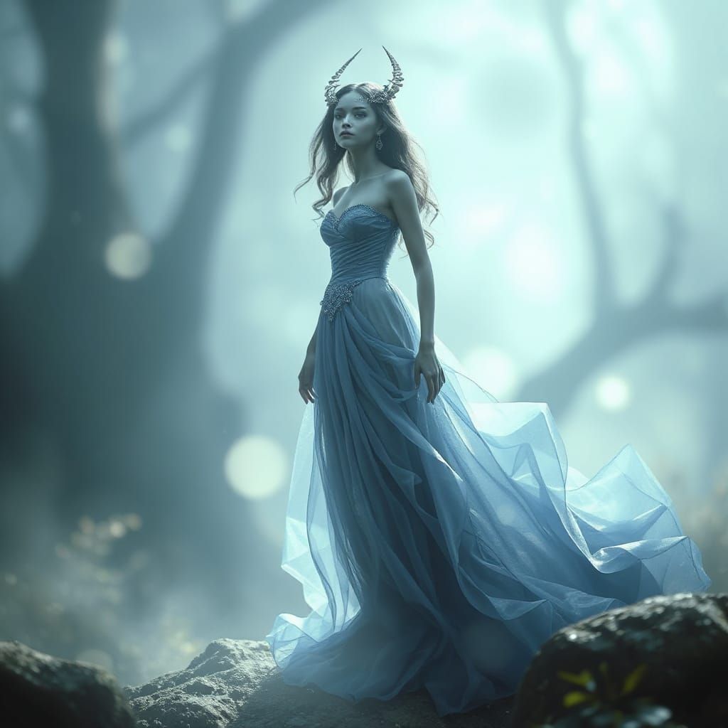 Alien Princess in Flowing Gown: Dreamy Sci-Fi Art