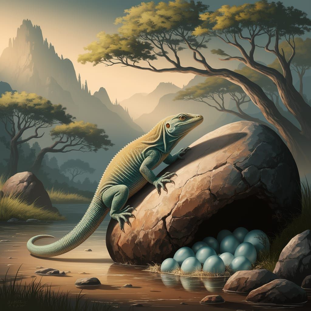 Charming Water Monitor Guarding Eggs in Airbrushed Oil