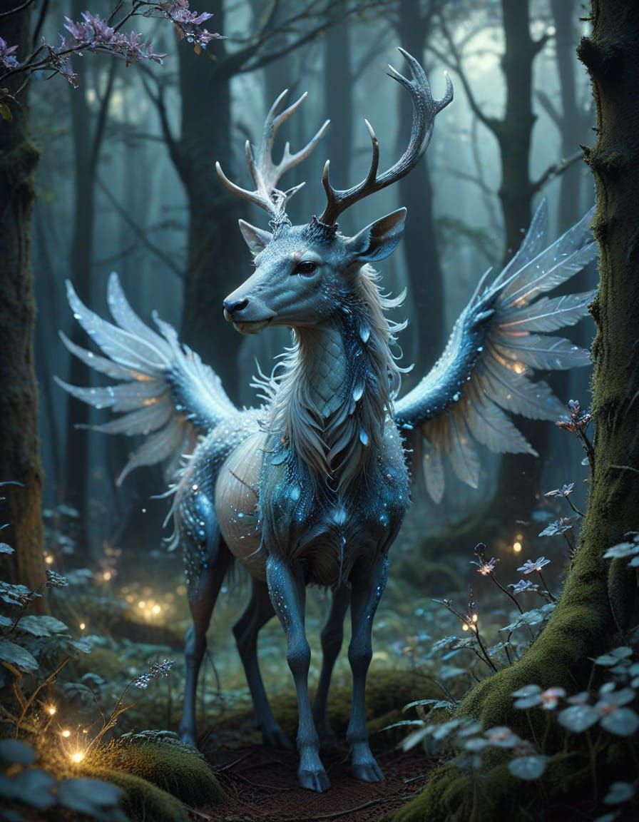Enchanted Forest Dragon Deer Hybrid in Ethereal Light
