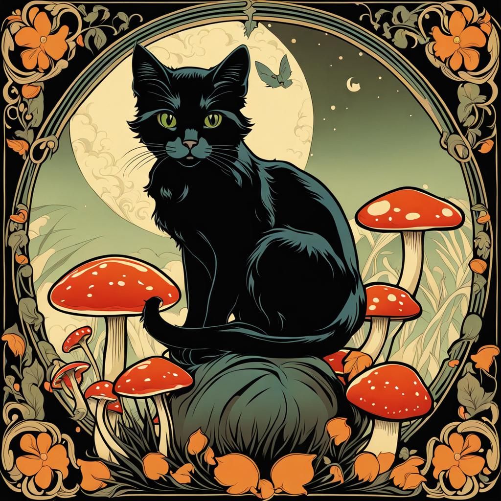 Black Cat on Mushroom in Art Nouveau Style