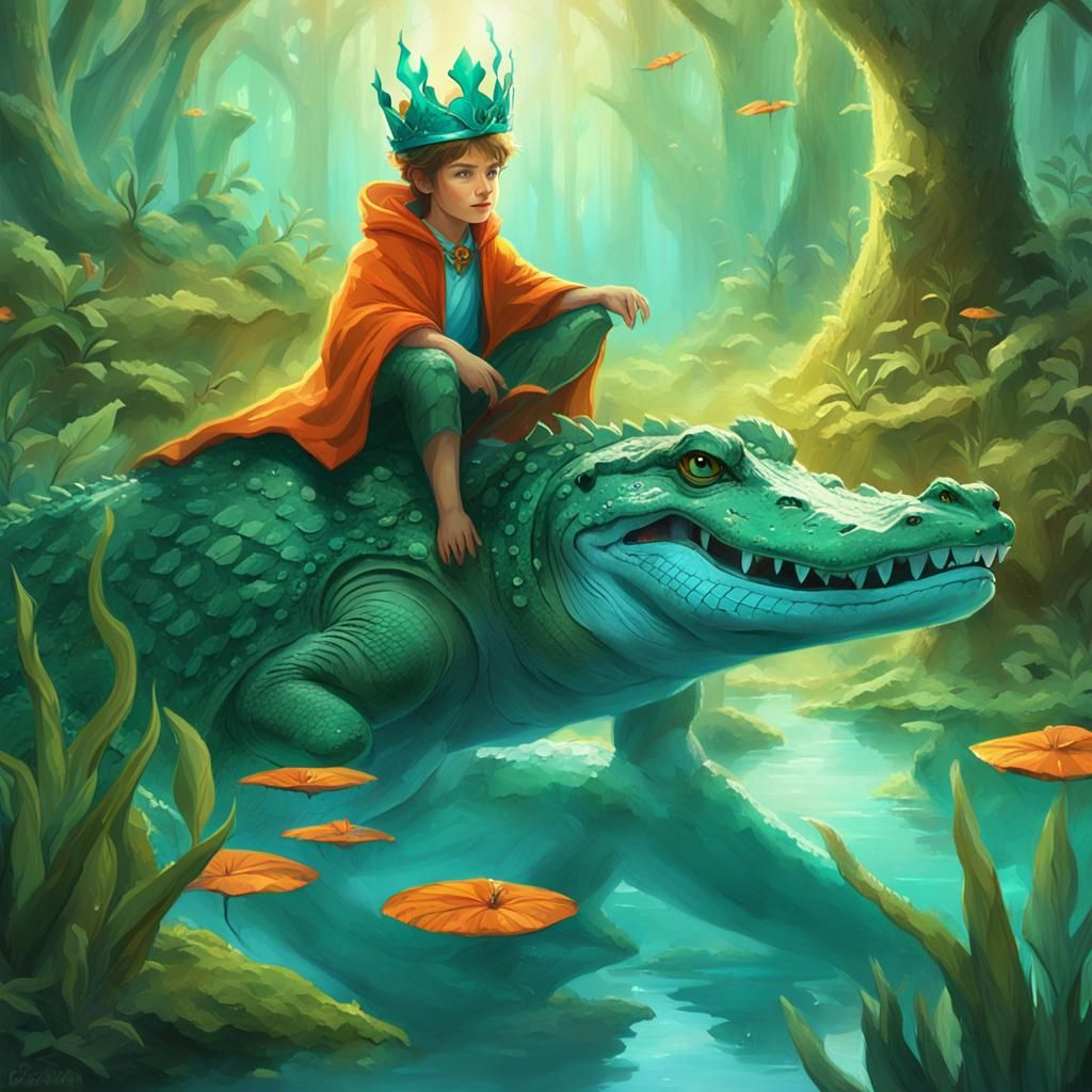 Fairy Kitty Godling Rides Alligator: Fantasy Art