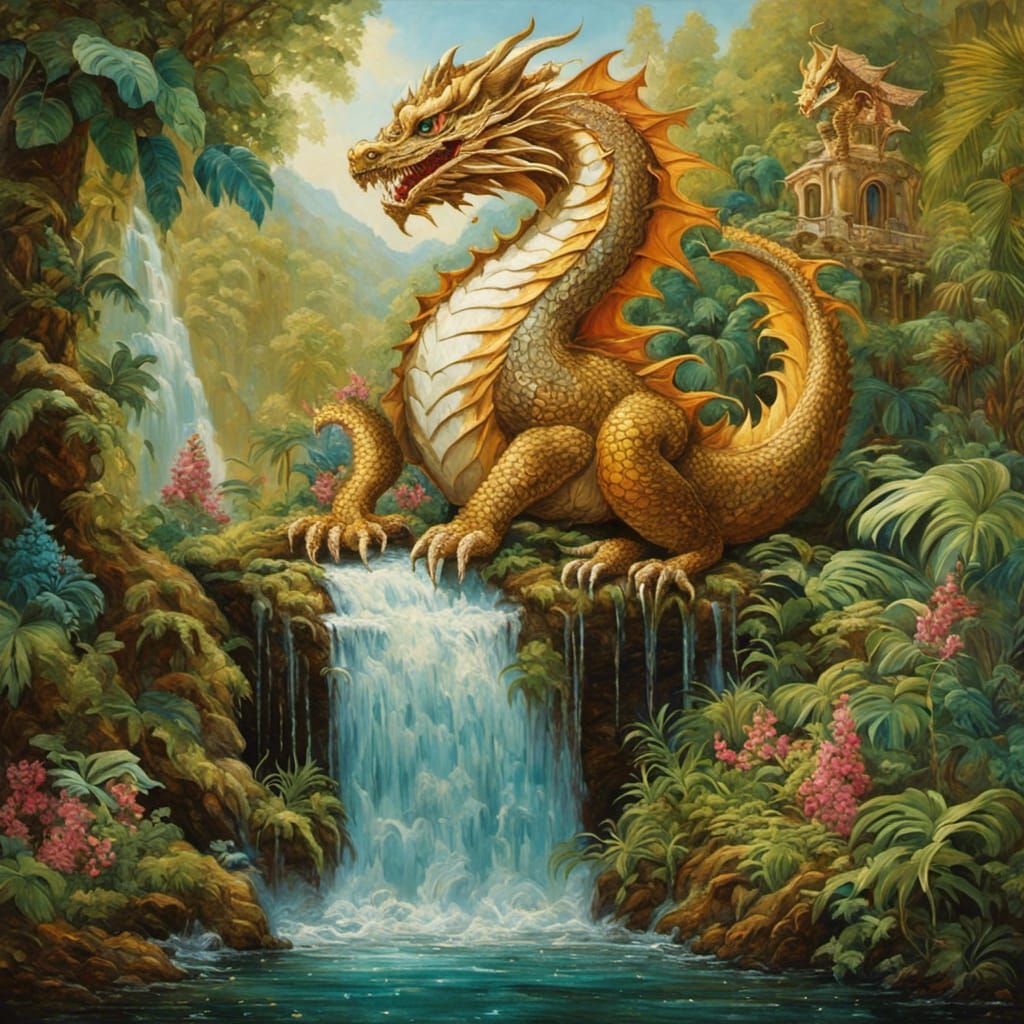 Chocolate Dragon by Waterfall, Intricate Fantasy Art