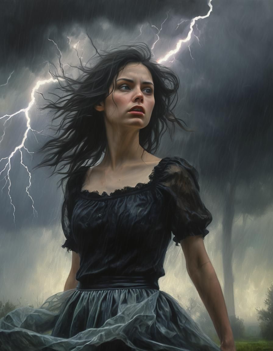 Ethereal Woman in Storm, Chiaroscuro Oil Painting