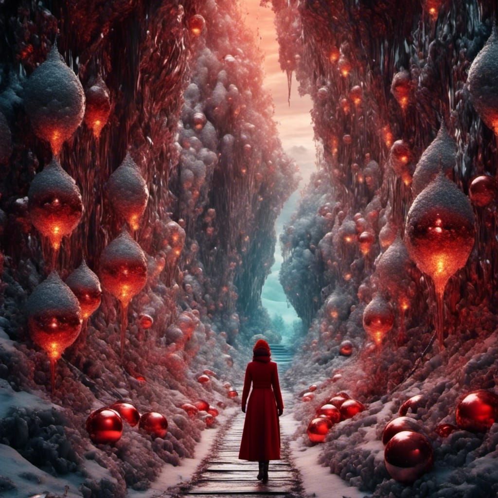 Enchanted Winter Crystal Cave with Woman in Red