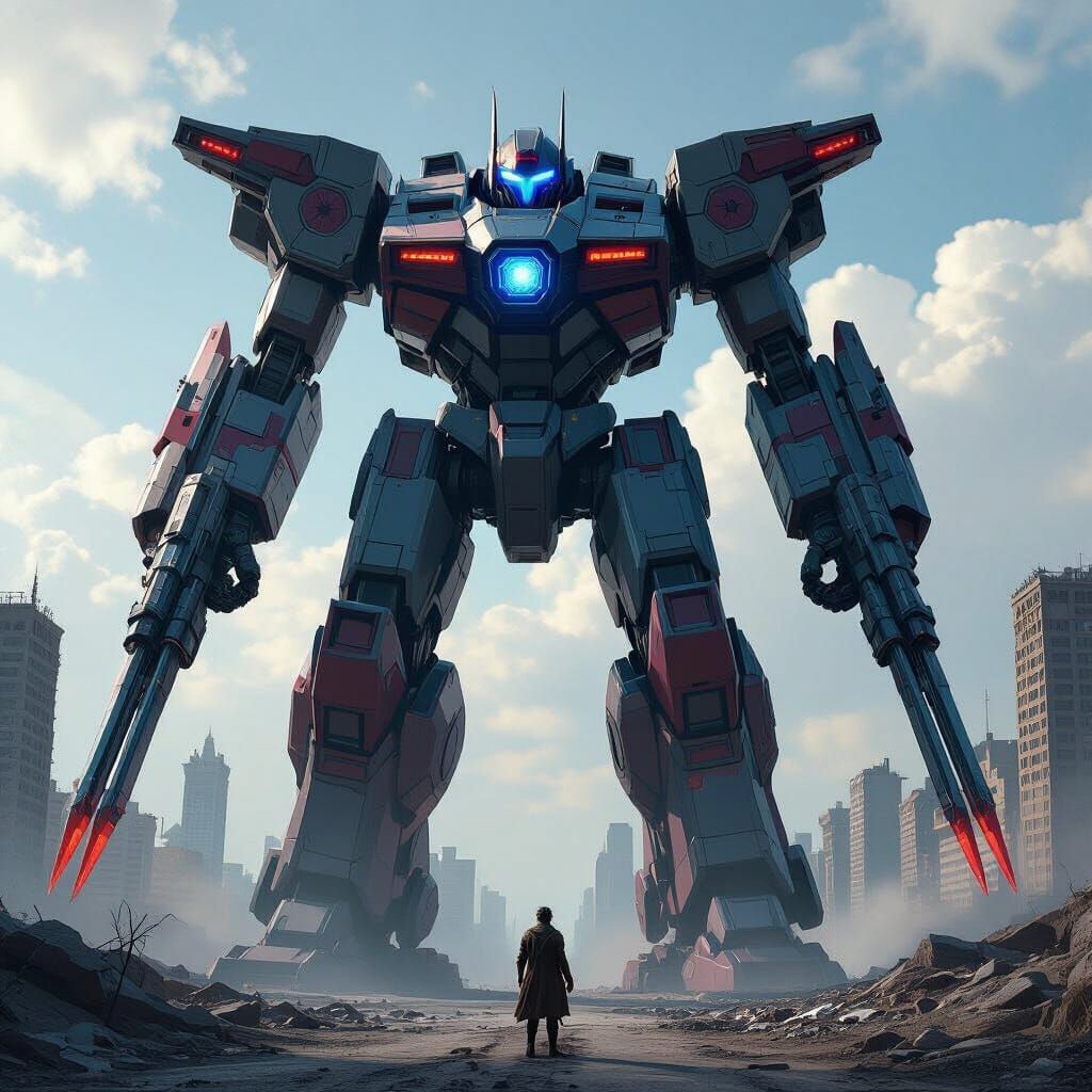 Colossal Jaeger with Dual Cannons and Swords in Comic Style