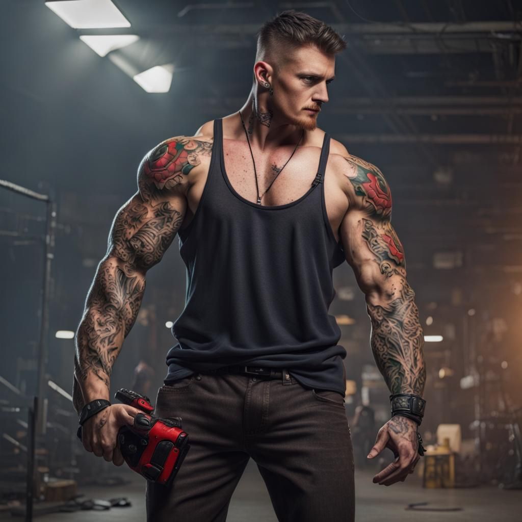 Jacked gaming dude with arm tattoos