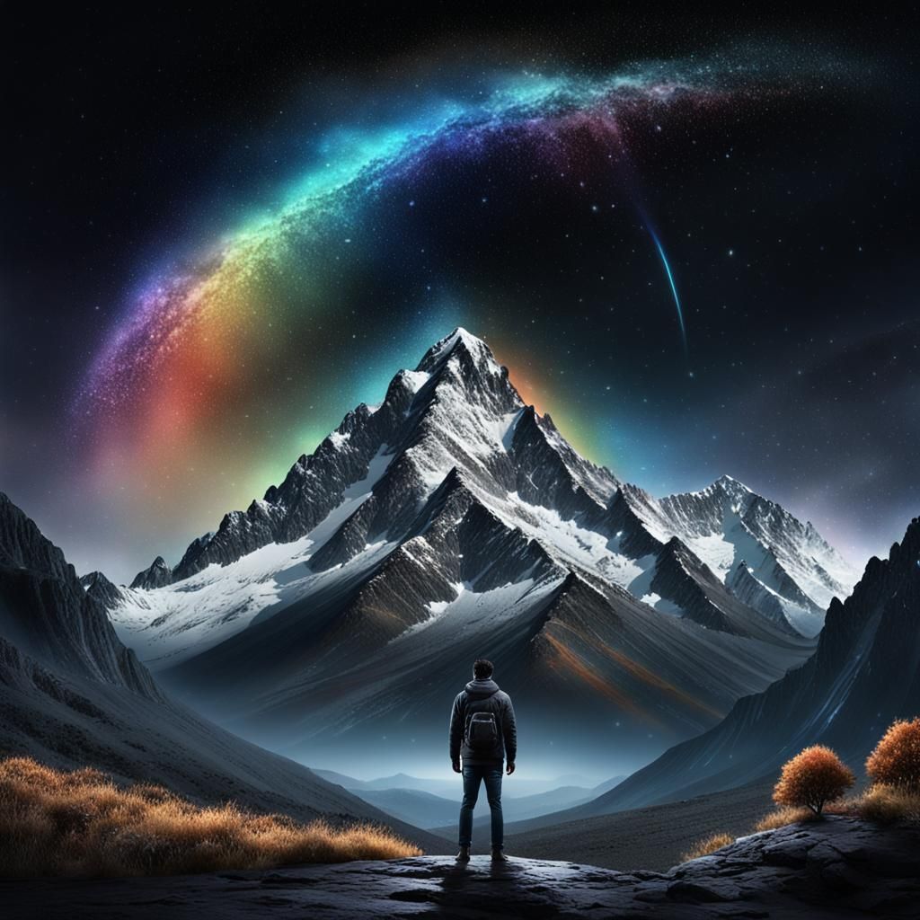 Man Observes Cosmic Universe in Snowy Landscape