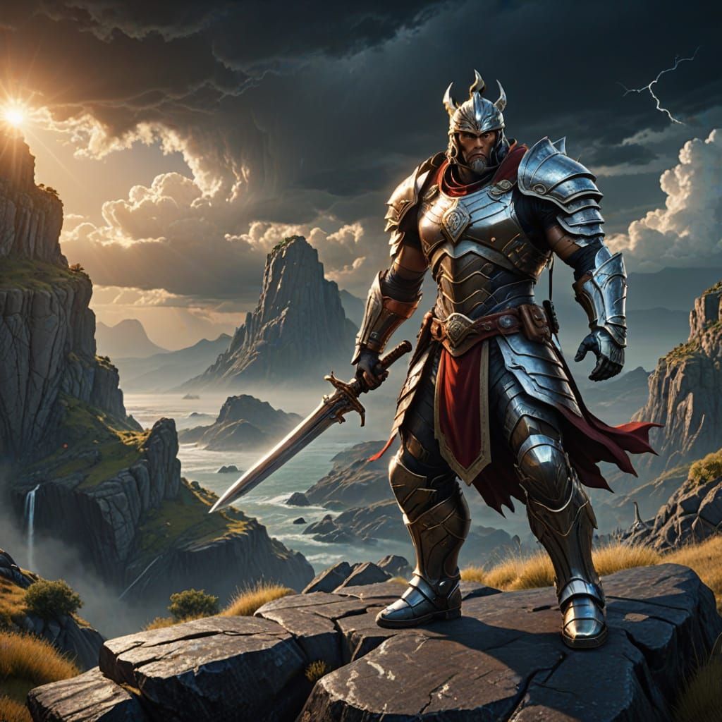 Muscular Warrior on Windswept Cliff in Dramatic Lighting