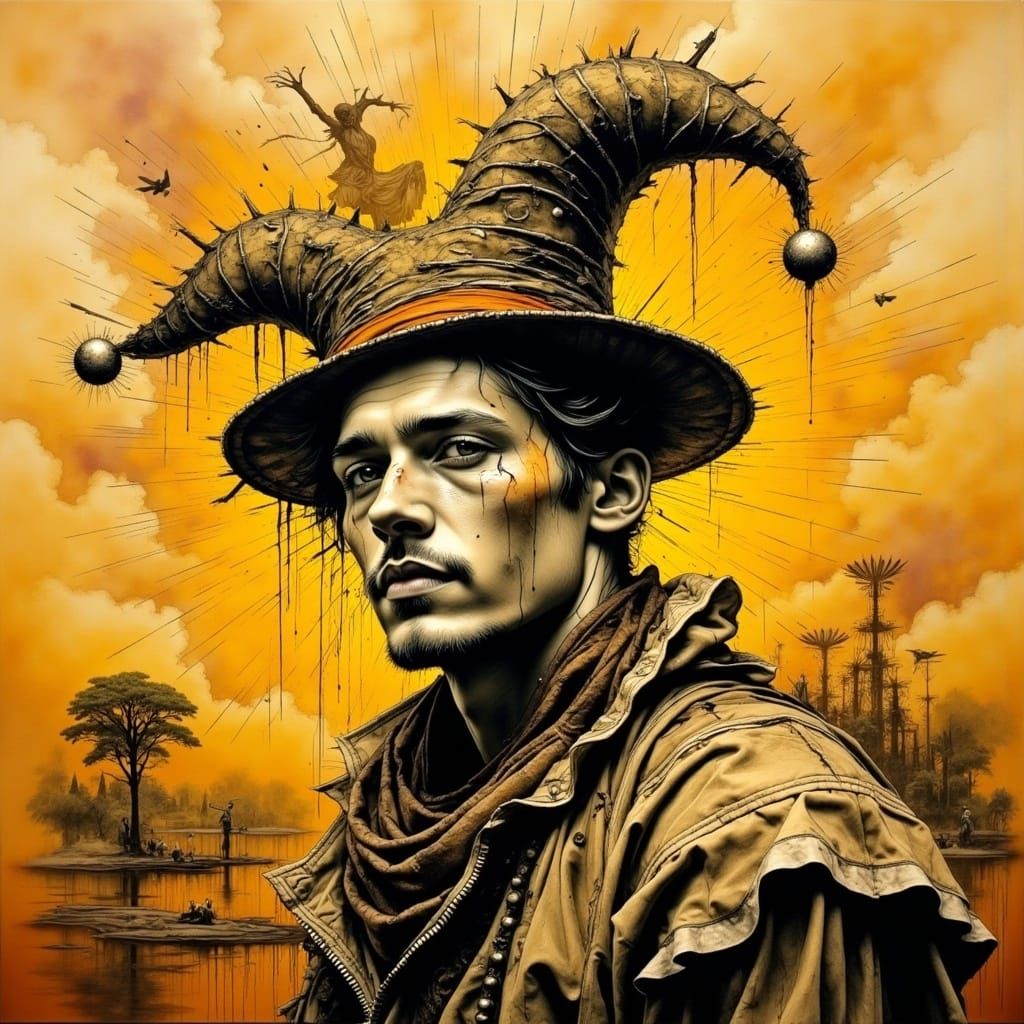 Surrealistic Portrayal of a Jester's Enigmatic Face in Charc...