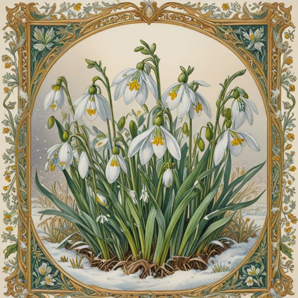 Vintage Botanical Snowdrops Bloom in Watercolor Splendor