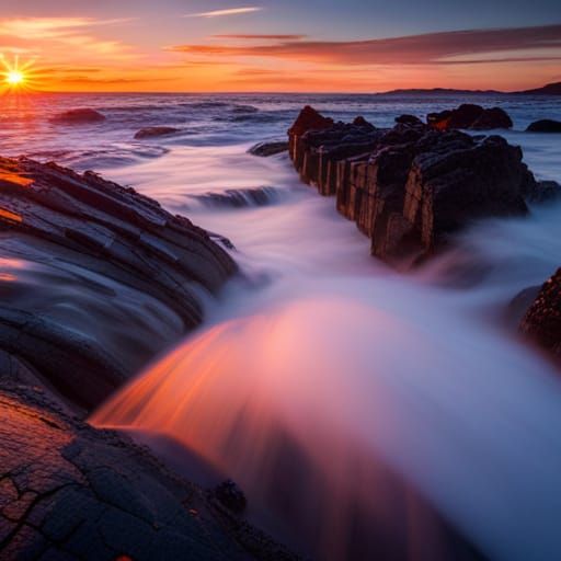 Volcanic Sunset: Lava Flowing at Dusk