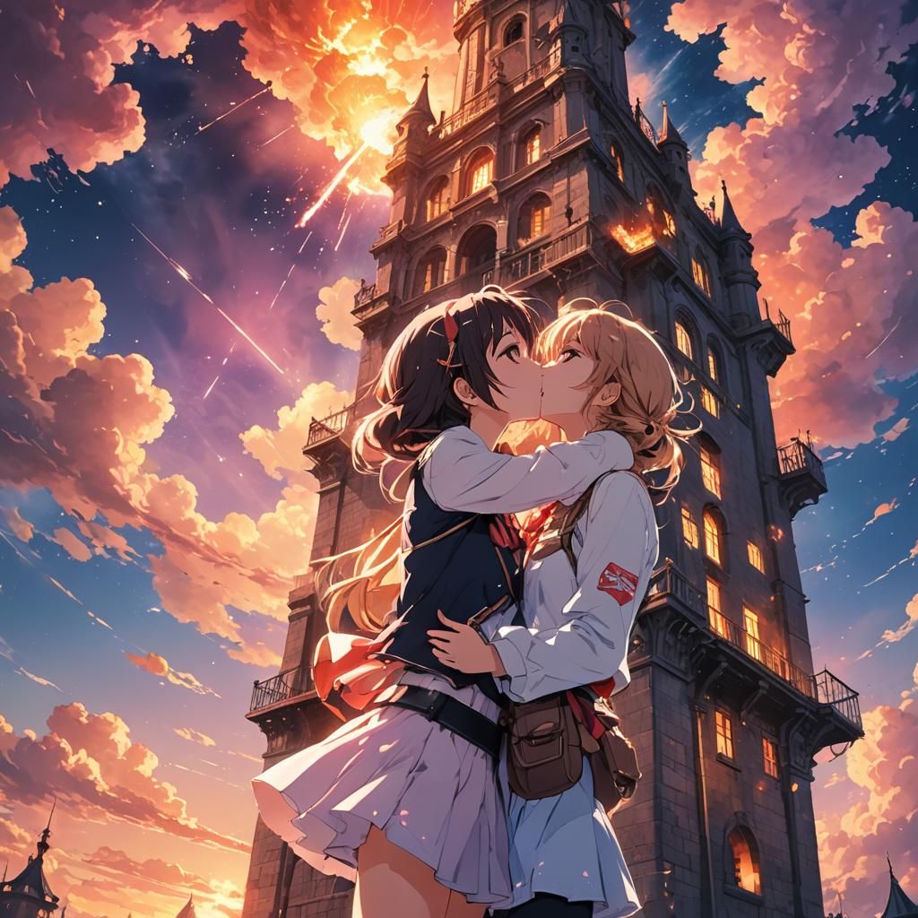 Romantic Anime Kiss on Tower with Explosions
