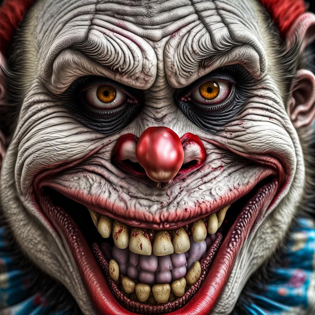 Hyperrealistic Zombie Monkey Clown Grinning Maniacally