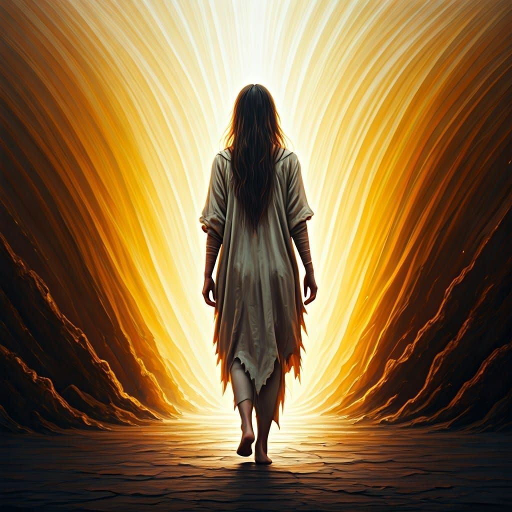 Ethereal Woman Emerges from Vibrant Flames in Abstract Art