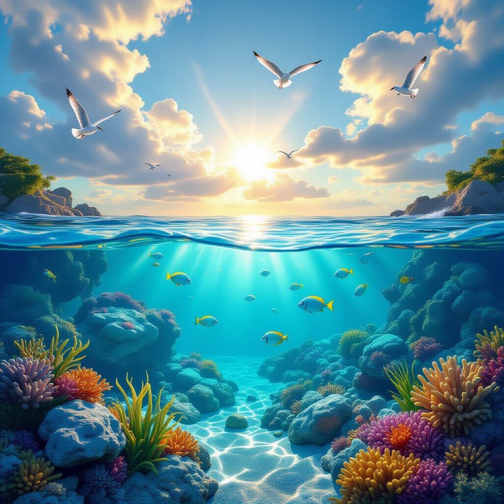 Luminescent Fantasy Water World with Seagulls