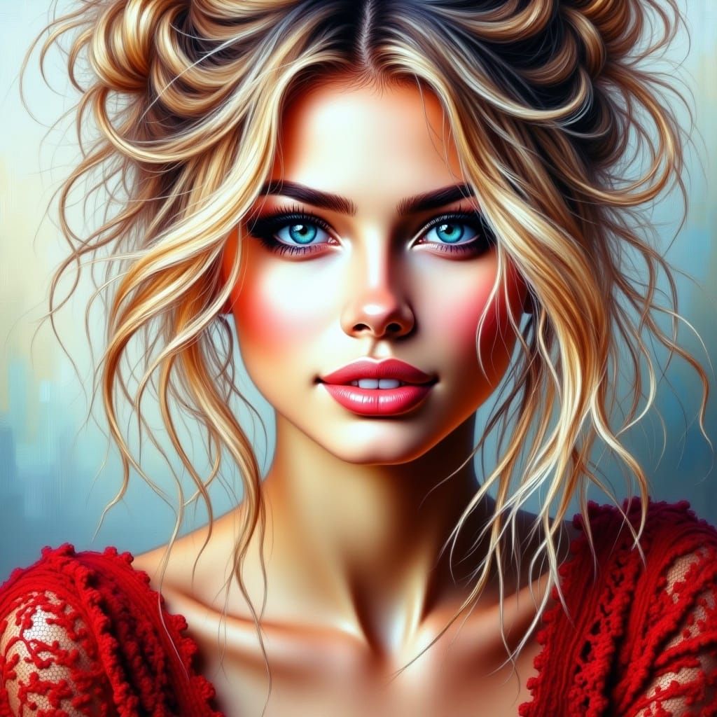 Beautiful Woman Portrait in Impasto Oil Painting Style