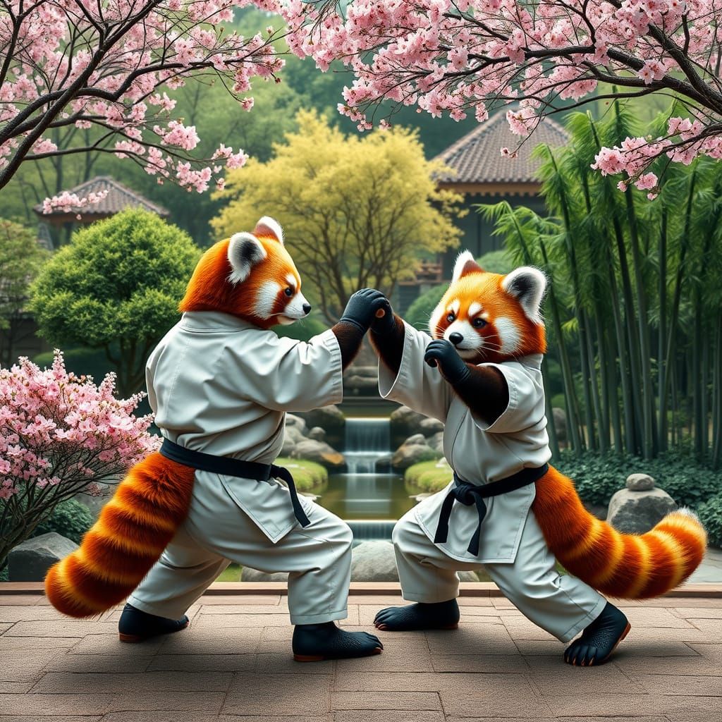 Red Panda Karate Masters in Japanese Garden