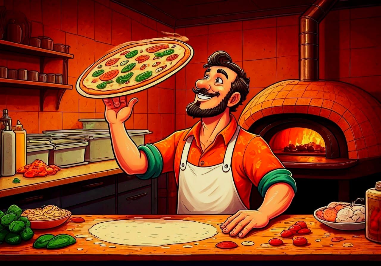 Italian Chef Making Pizza in Psychedelic Cartoon Style