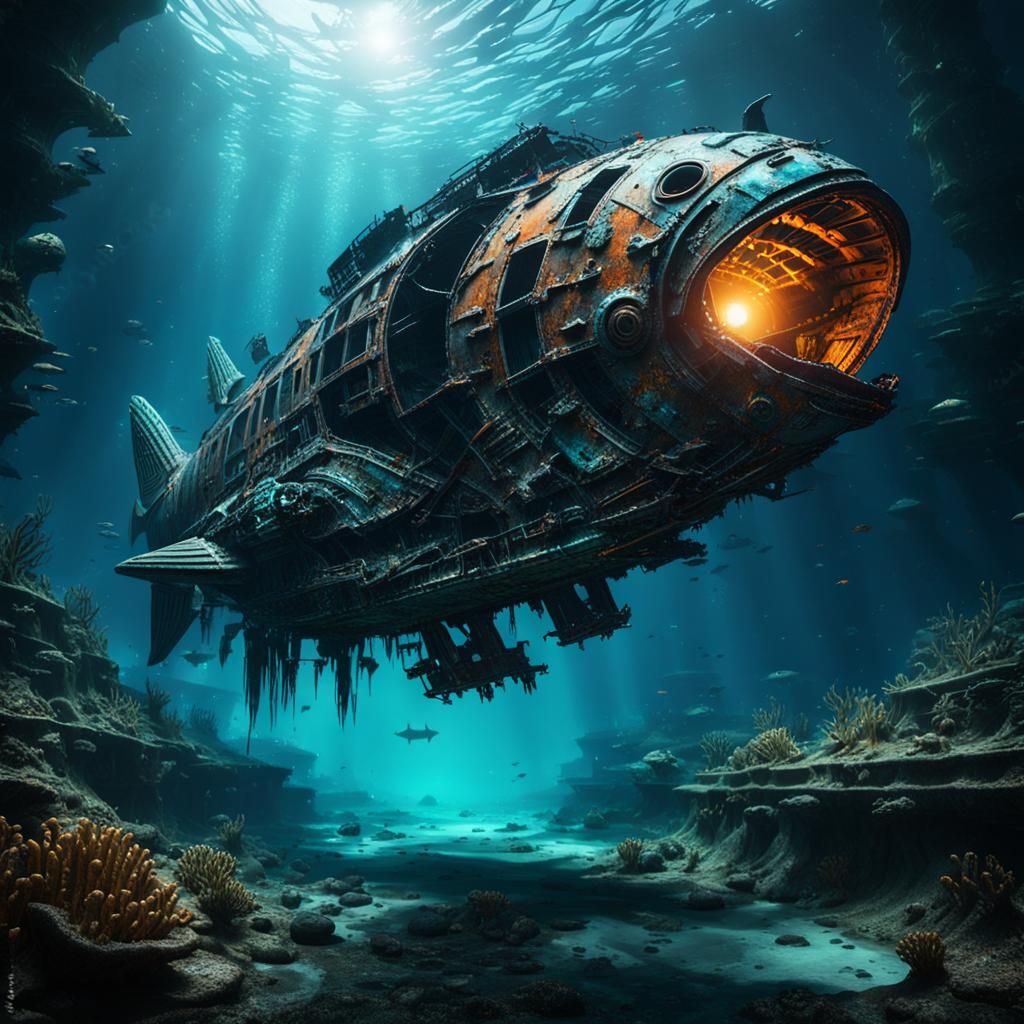 Underwater Spaceship Wreck with Alien Fish