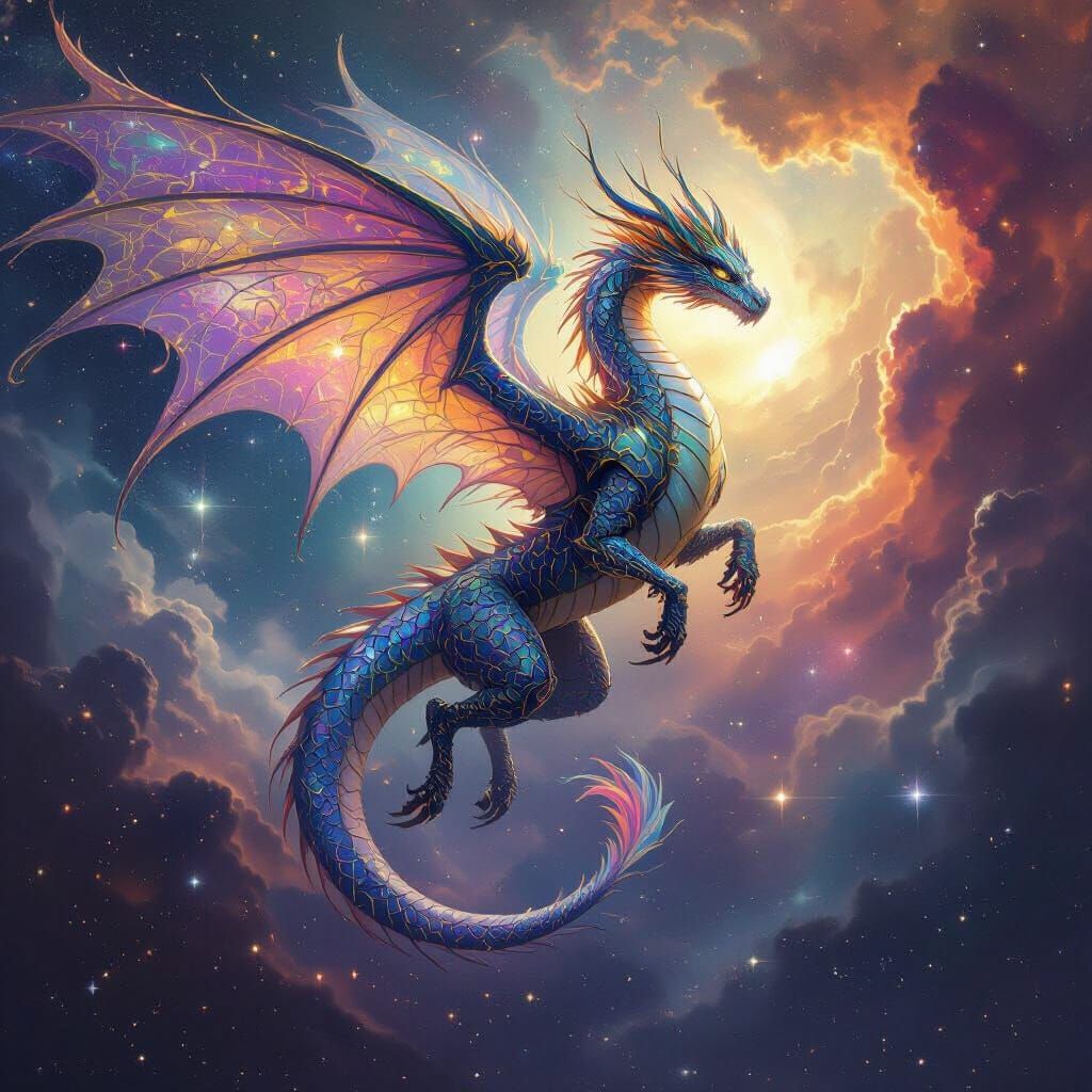 Celestial Dragon Soaring Through Nebula in Art Nouveau Style