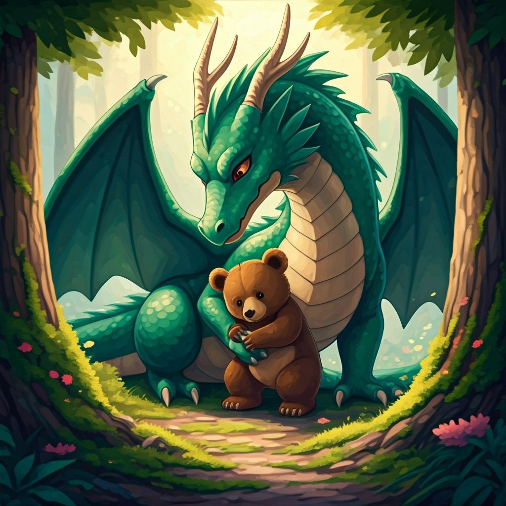 Dragon Comforting Bear Cub in Watercolor Anime Style