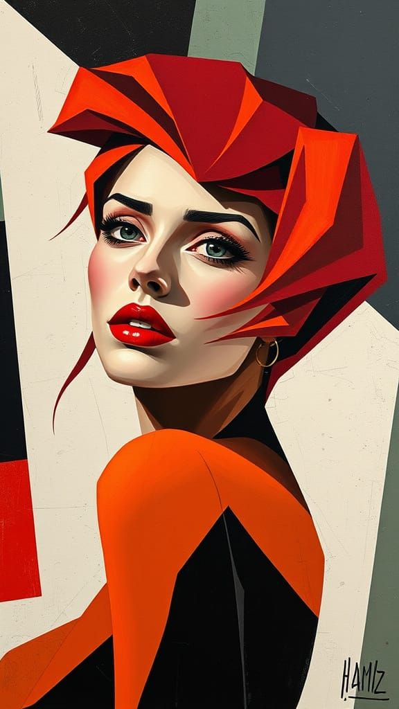 Cubist Woman with Red Hair in Geometric Abstraction
