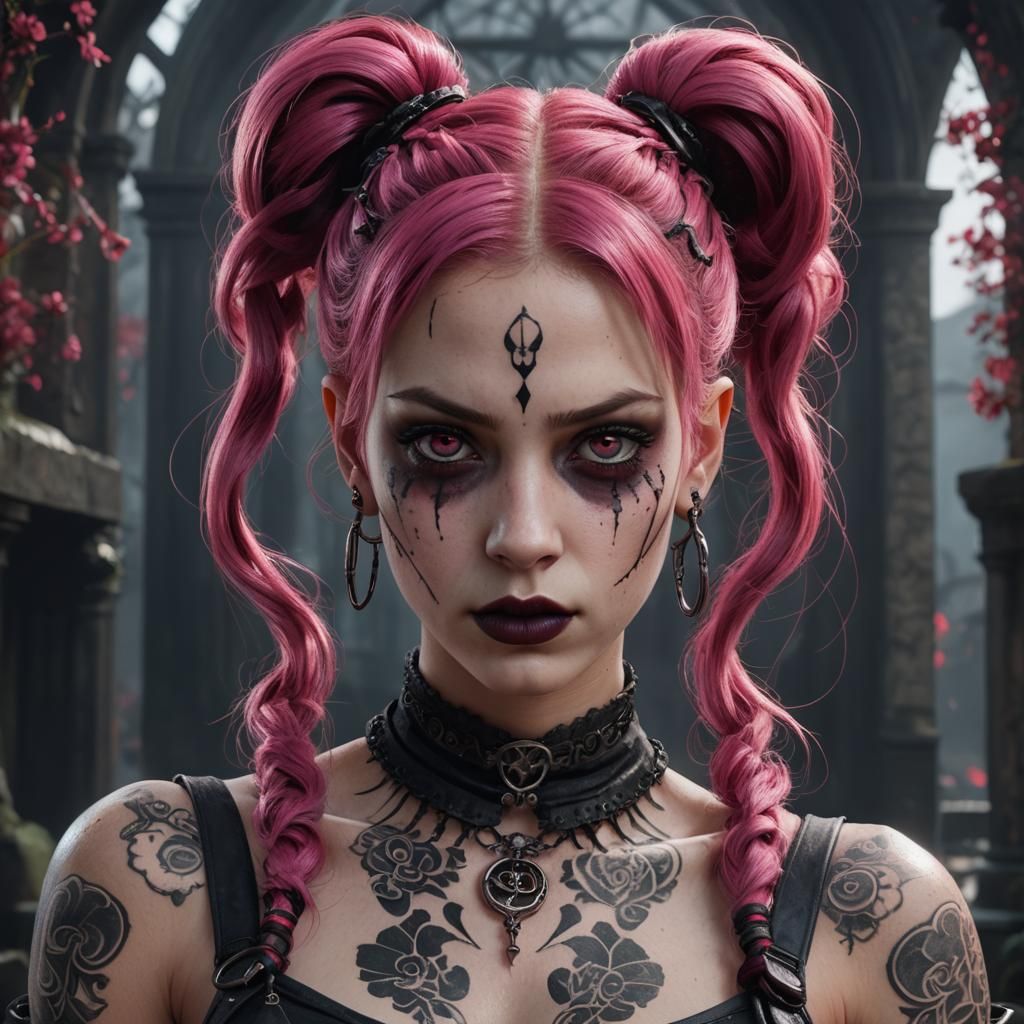 Gothic Woman with Pink Hair, Matte Painting